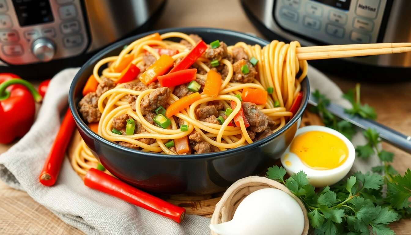 Nouilles de bœuf et légumes à l'asiatique au multicuiseur
