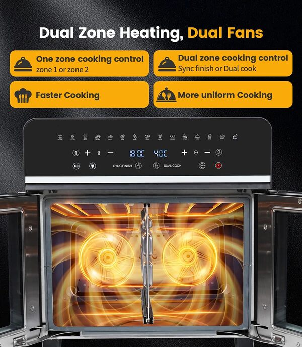 23L Mini Four Electrique Friteuse Sans Huile XXL, Emphsism Friteuse Air Fryer à Double Tiroir 1800W avec écran LED, 15 Programmes, Fonctions Match Cook & Smart Finish, 11 Accessoires inclure Recette