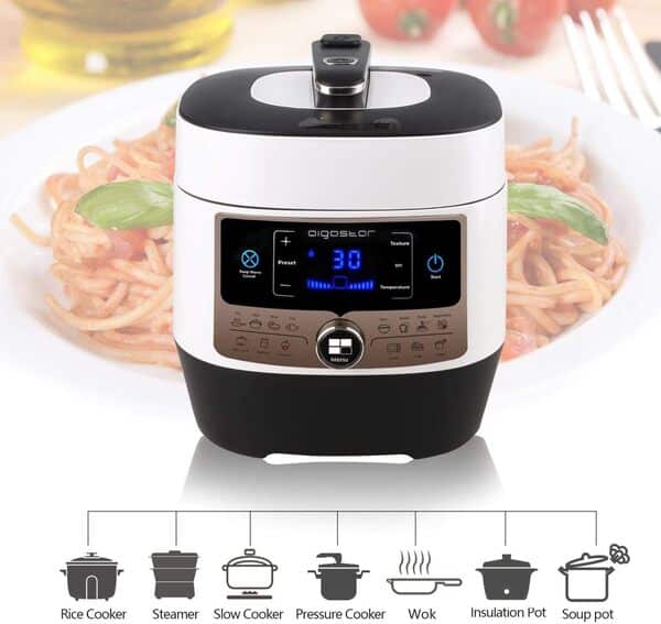 Aigostar Panda 30HGZ - Cocotte-minute multifonctions et cuisine lente, 14 fonctions programmables sur grand écran LED, récipient en acier inoxydable de 5.5 L, puissance de 1000 W, qualité exclusive.