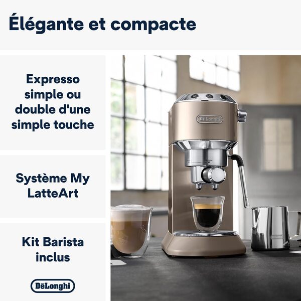 De'Longhi Dedica Arte EC 885.​BG Machine à expresso avec buse MyLatterArt en mousse de lait, design compact, 15 cm de large, réservoir d'eau de 1 litre, tampons E.S.E Beige