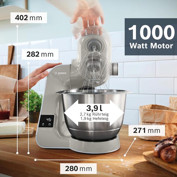 Bosch Robot de cuisine série 4 MUM5XL72, balance intégrée, 2 bols de 3,9 l, mixeur 1,25 l, kit mélangeur, hachoir à viande, hachoir à viande, coupe-cube, 1000 W, gris/argenté