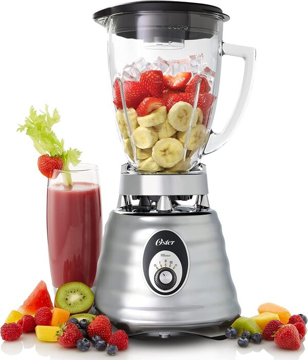 Oster Blender classique 3 Vitesses Lames en acier inoxydable amovibles bol en verre durable resistant aux rayures et aux odeur 1.25 litres 600 W Gris