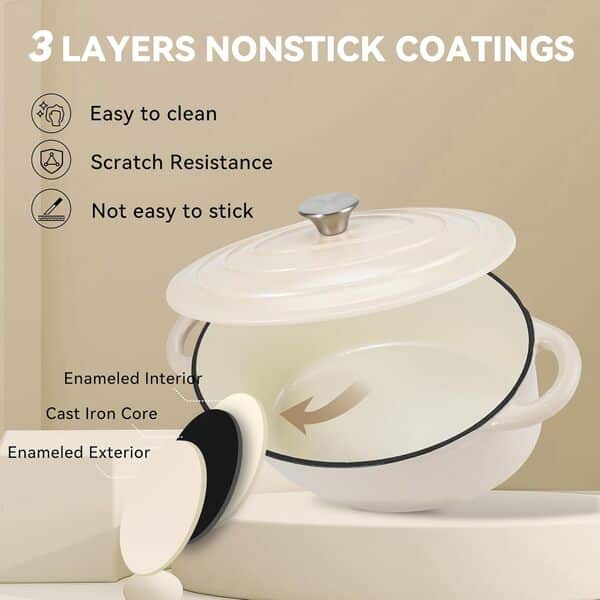 Cocotte ovale en fonte émaillée antiadhésive avec couvercle, passe au four avec couvercle jusqu'à 260 °C (beige)