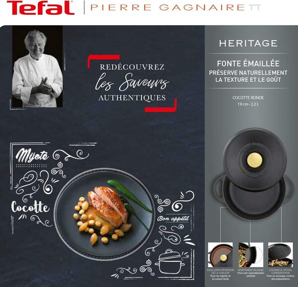 Tefal Pierre Gagnaire Héritage Cocotte en fonte d'acier ronde, Noir, 25 cm, 5,1 L, Induction E2230404