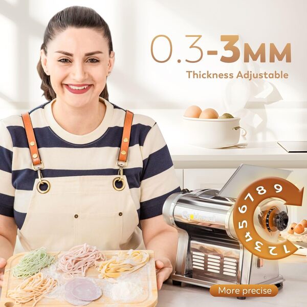 CGOLDENWALL Fraiche Machine à Pâtes Électrique Acier Inoxydable Pétrin avec 2 Lames de 1.5 mm Rondes et 4 mm Plates, 6 Réglages 'Épaisseur pour Nouilles/Boulettes/Spaghettis/Ravioli
