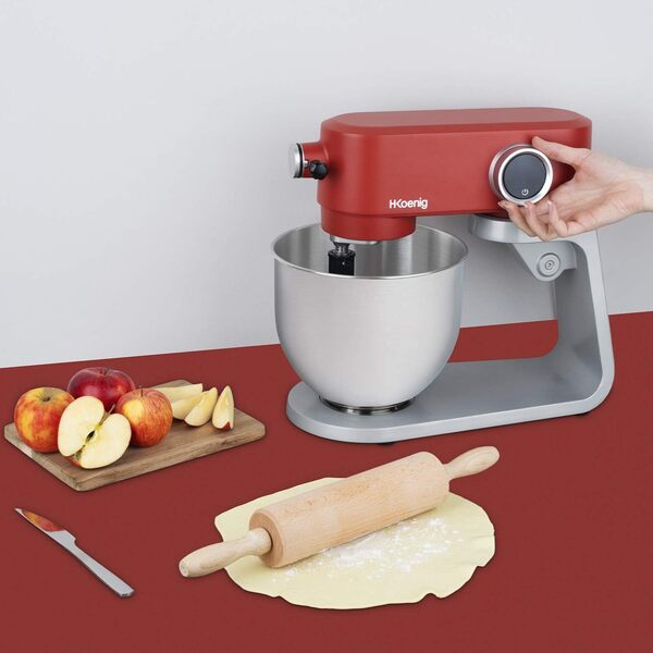 H.Koenig Robot Pétrin Professionnel Multifonctions 5L KM124 Inox rouge mat Puissant 800W, Robot Cuisine Pâtissier Pétrin 8 vitesses, Fouet, Batteur, Crochet, Pétrisseur, Couvercle anti-éclaboussure