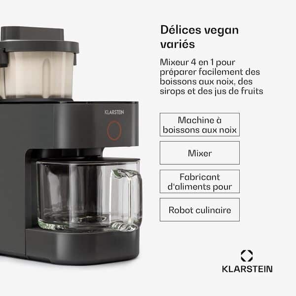 Klarstein Mixer, mixeur sur pied avec 300 et 1250 watts de puissance, pour la préparation de laits végétaux et smoothies avec technologie de chauffage à 360°, 30.000 tours/minute, écran tactile, noir