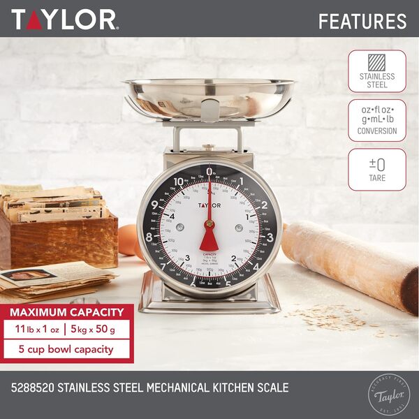 Taylor Precision Products Mechanical Kitchen Weighing Food Scale Weighs up to 11lbs, Measures in Grams and Ounces