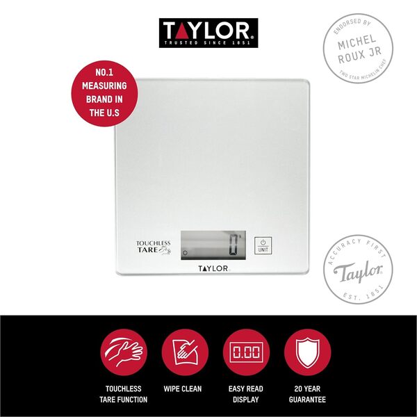 Taylor Pro Balance de Cuisine Numérique avec Tare Sans Contact, Haute Précision, design Compact, Verre / Plastique, Argent, Capacité de 5Kg / 11Lbs