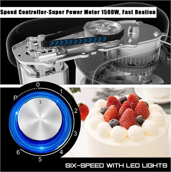 HOWORK Robot Pâtissier 1500W, 6 Vitesses Pétrin Professionnel avec Bol 8L, avec Crochet Pétrisseur, Batteur Plat, Fouet à Fils, Spatule en Silicone, Weparator blanc d'œuf [Classe énergétique A+++]