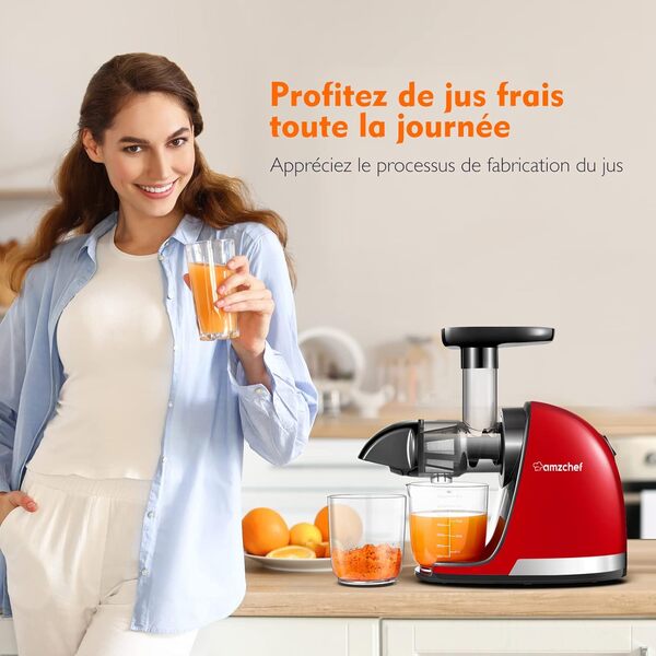 AMZCHEF Extracteur Jus - Extracteur de Jus de Fruits et Légumes - Presses-agrumes à Froid avec 2 Tasses et Brosse - Fonction de Mastication Inversée pour Éviter les Blocages - Rouge [Classe énergétique A+++]