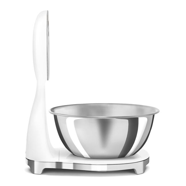 Smeg, Balance de Cuisine Numérique et Analogique KSF01WHWW, Bol Amovible en Acier Inox de 1,8 L, Quatre Unités de Mesure g/ml et lb.oz/fl.oz, avec Fonction Tare, Capacité Maximale 5kg, Blanc