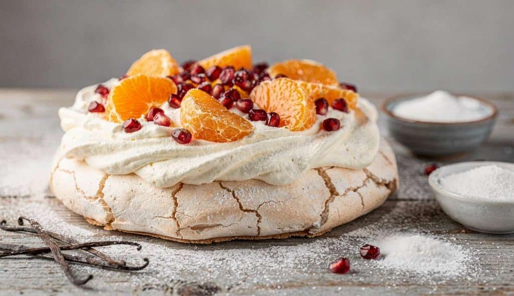 Pavlova hivernale à l'orange et grenade