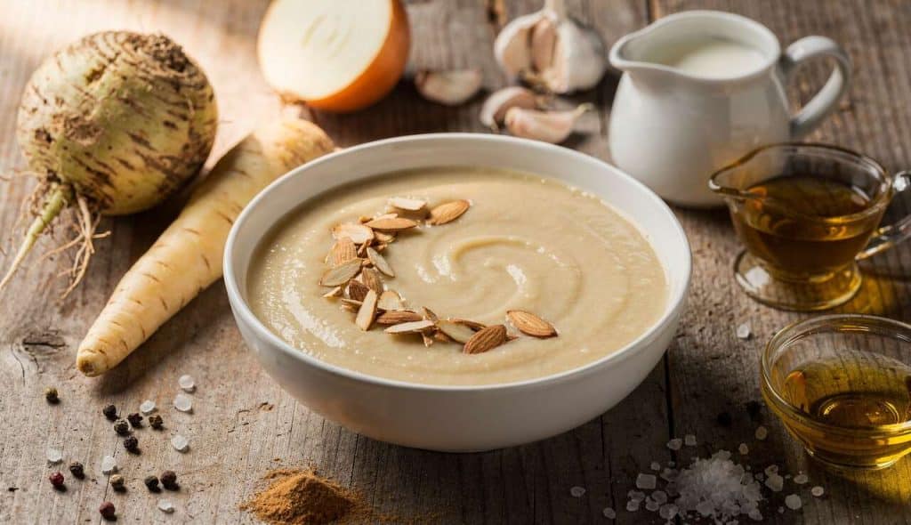 Velouté de céleri et panais aux amandes grillées