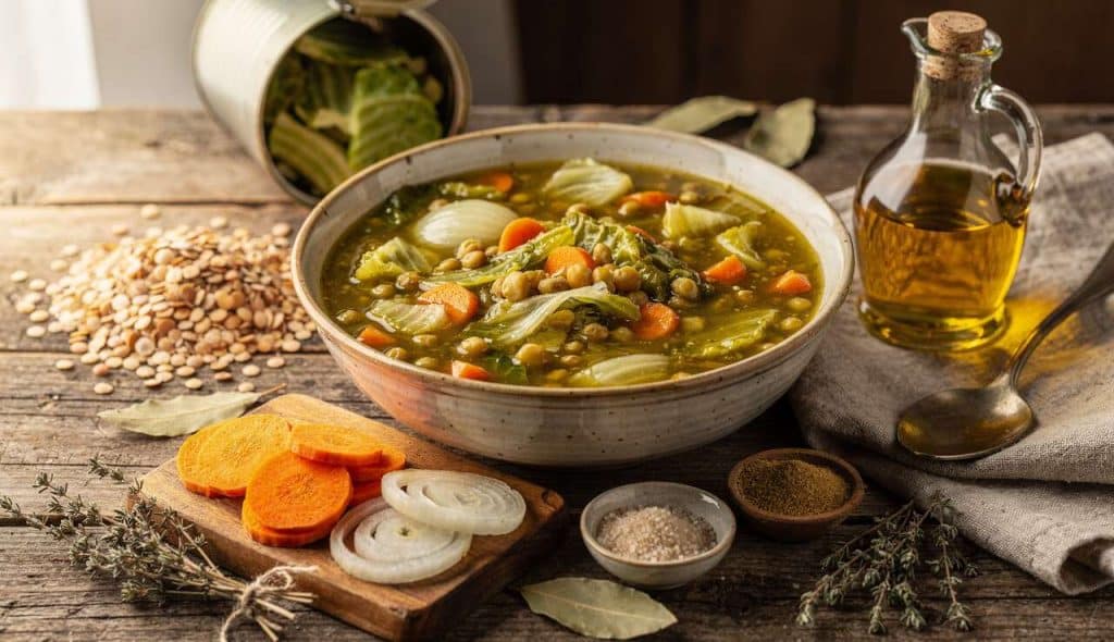 Soupe paysanne aux pois cassés et chou vert : recette maison