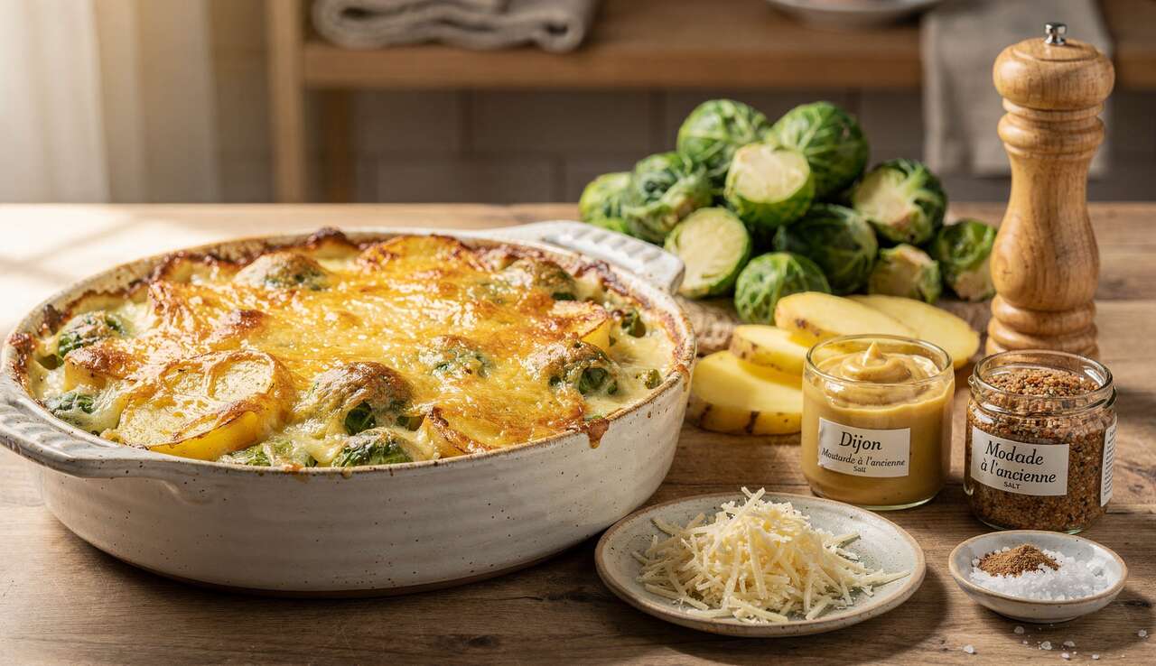 Gratin de choux de Bruxelles et pommes de terre à la moutarde