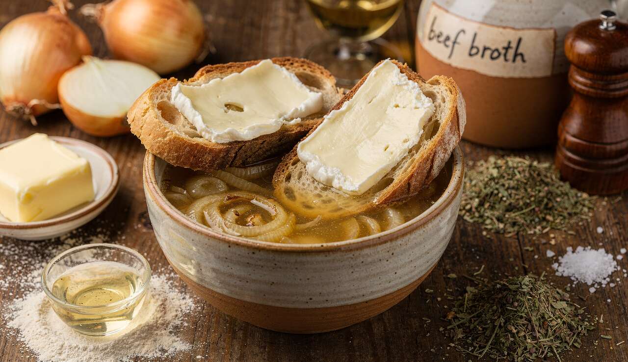 Soupe ร l'oignon : recette aux tartines de fromage frais