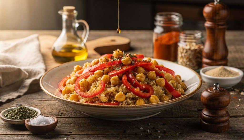 Poêlée de quinoa, pois chiche et poivron rouge
