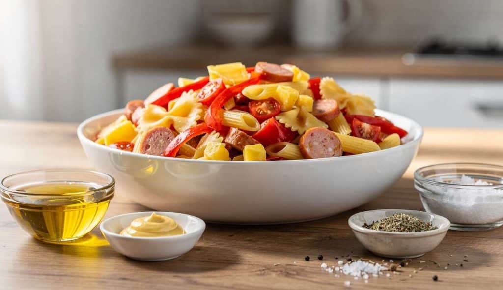 Salade de Pâtes Knacki, tomate, poivron et Emmenthal