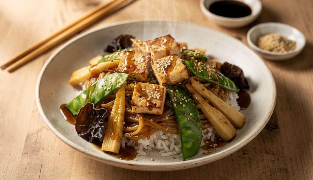 Wok de pois gourmands et tofu fumé : recette savoureuse et saine