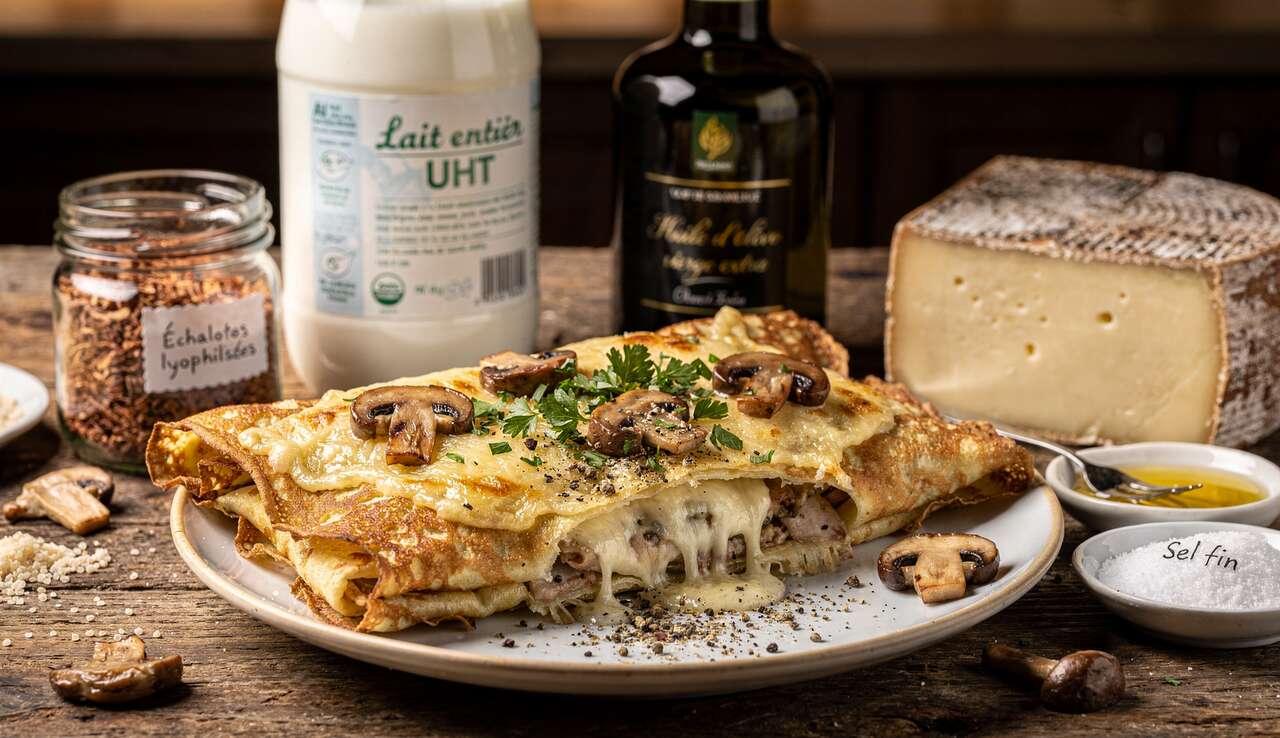 Crêpes gratinées à la tomme et champignons