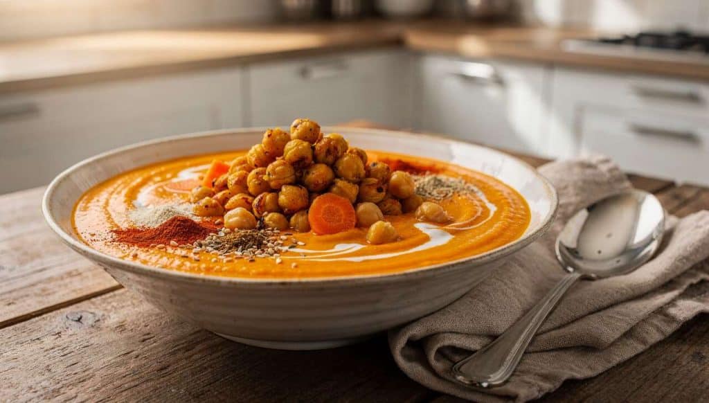 Soupe épicée aux carottes et pois chiches rôtis