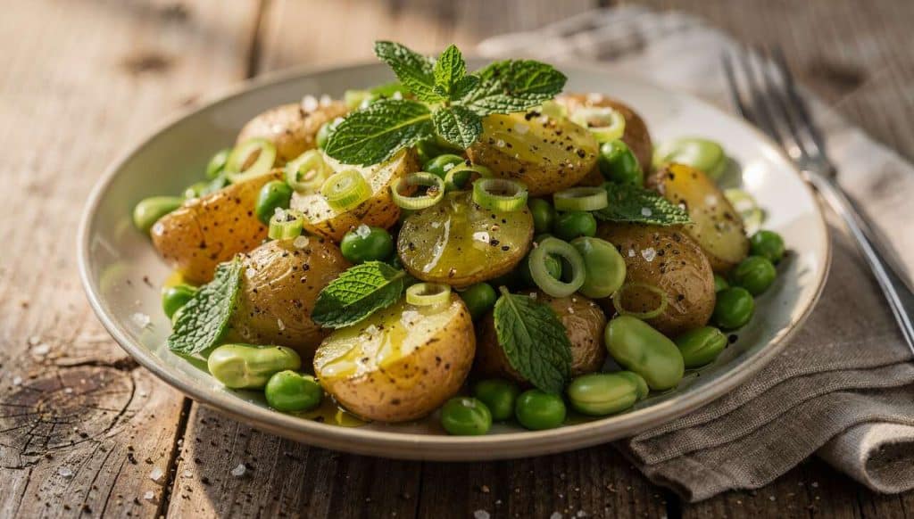 Salade frais printemps : petits pois, fèves, pommes de terre et menthe