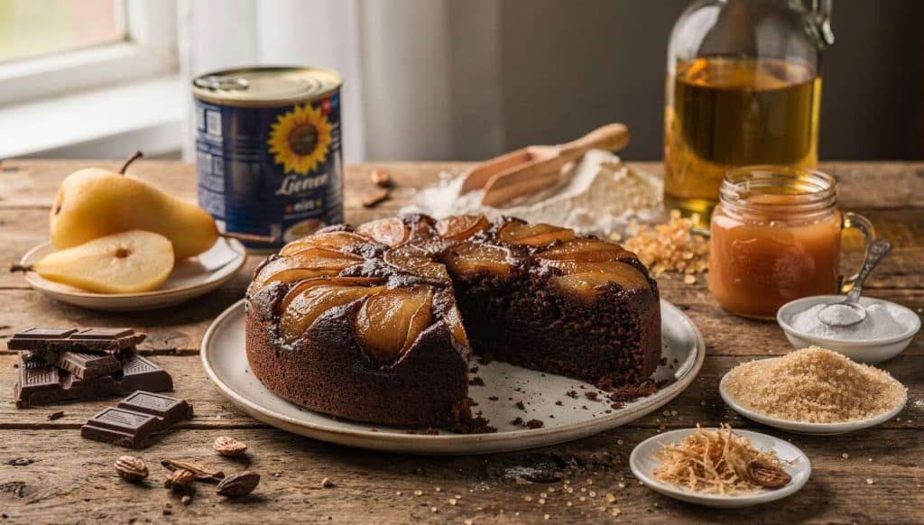 Gâteau renversé poires chocolat noir : recette gourmande