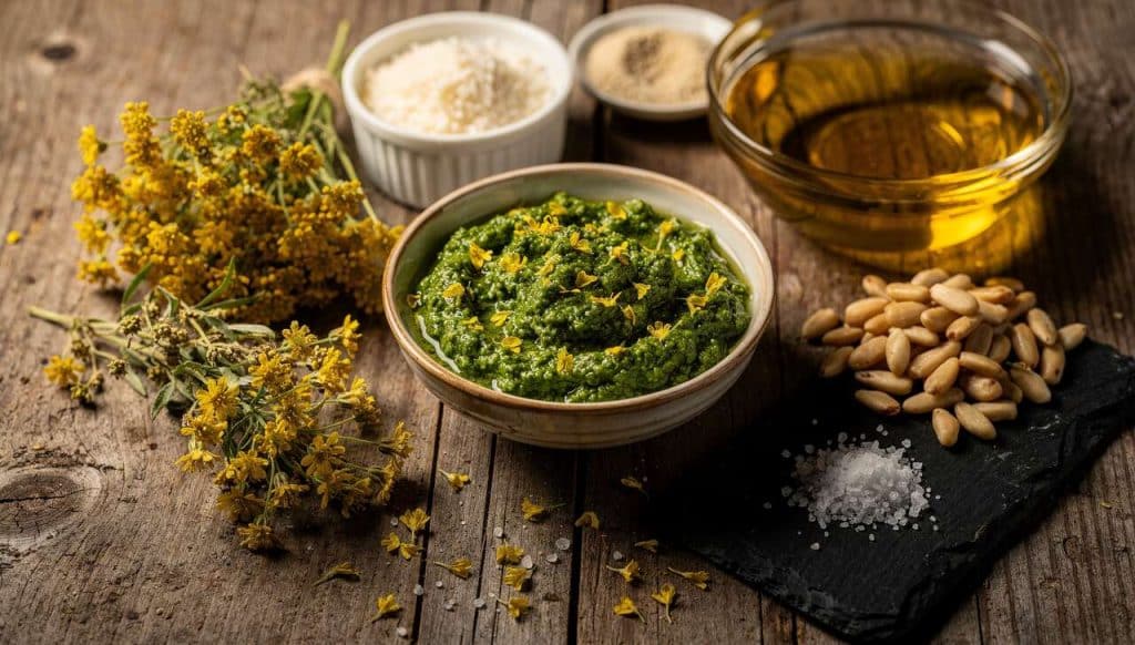 Recette de pesto aux fleurs de moutarde sauvage