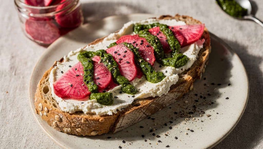 Tartines radis, fromage frais et roquette : recette facile