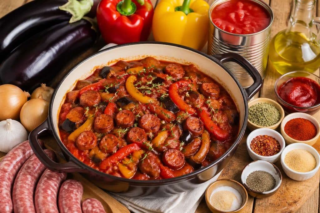 Recette mijoté d'aubergines, poivrons et saucisses : plat savoureux