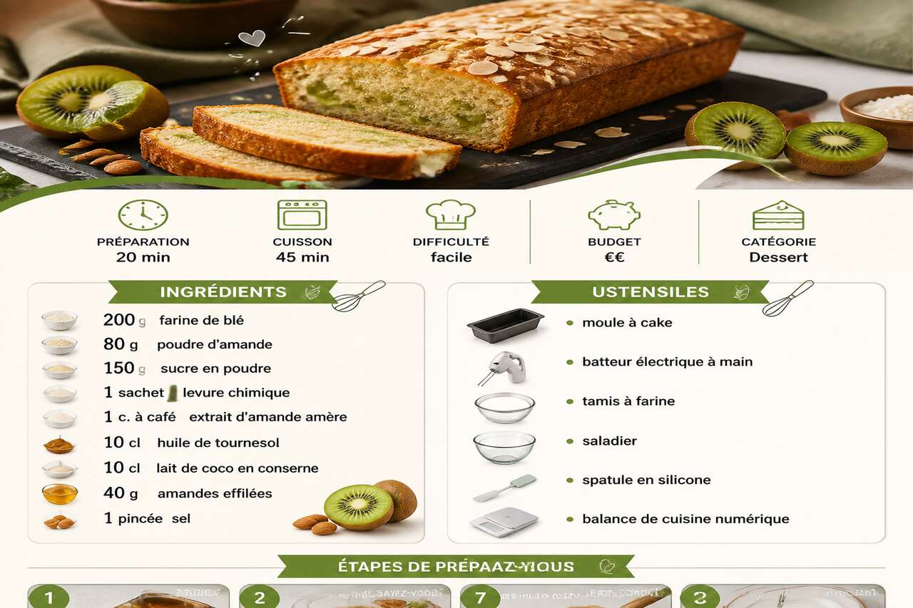 Fiche recette Cake au kiwi et amande : recette gourmande