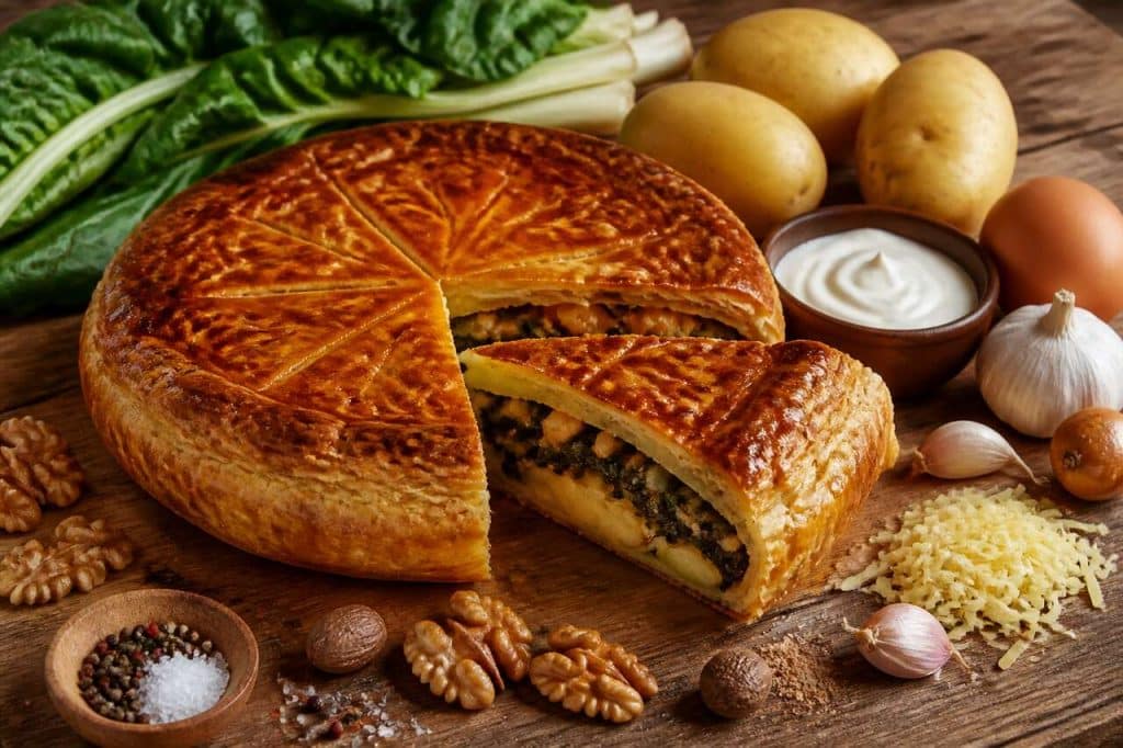 Tourte de blettes aux pommes de terre et noix