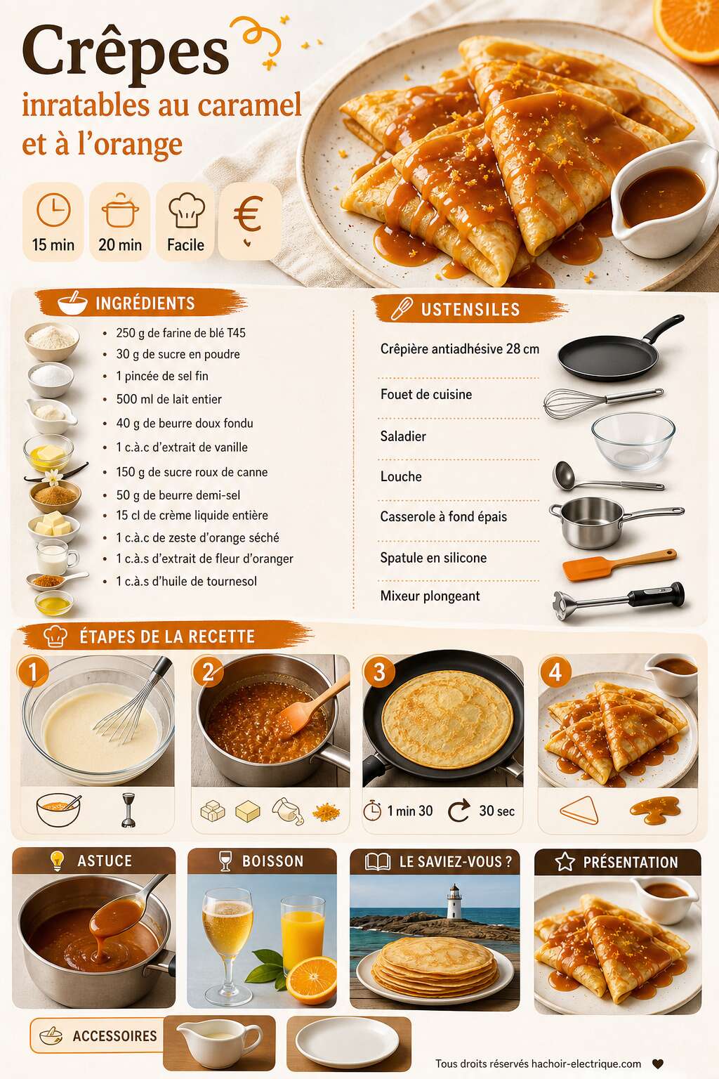 Fiche recette Cr&ecirc;pes inratables au caramel et &agrave; l'orange - Recette facilit&eacute;e