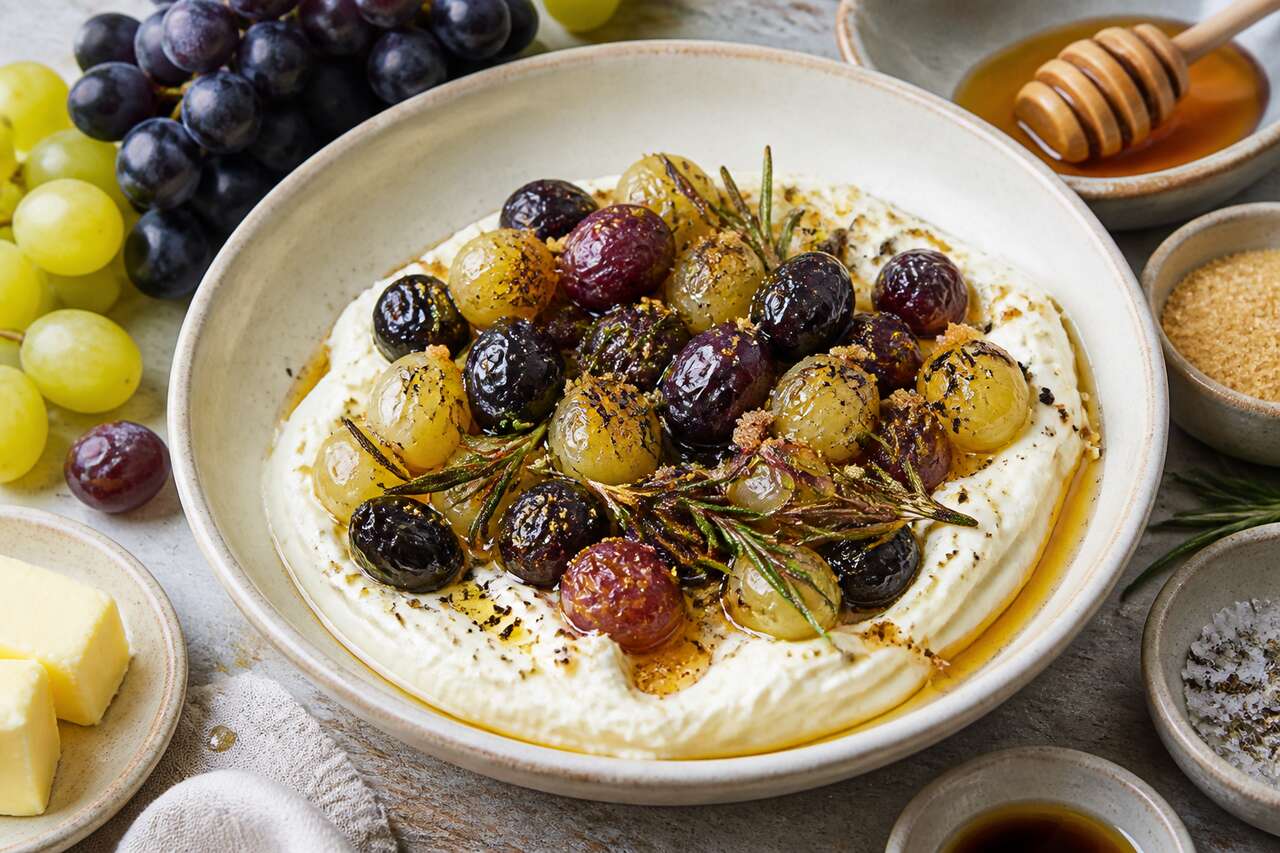 Raisin rôti au romarin et fromage blanc : recette gourmande