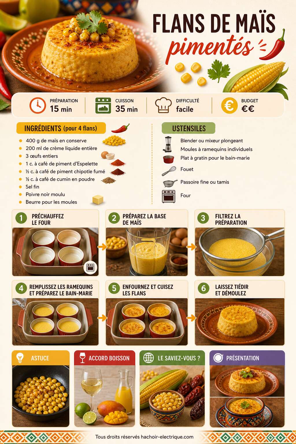 Fiche recette Flans de ma&iuml;s piment&eacute;s : recette savoureuse et &eacute;pic&eacute;e