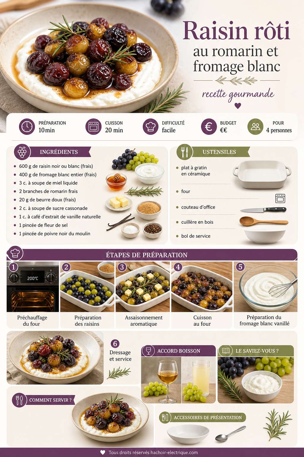 Fiche recette Raisin r&ocirc;ti au romarin et fromage blanc : recette gourmande
