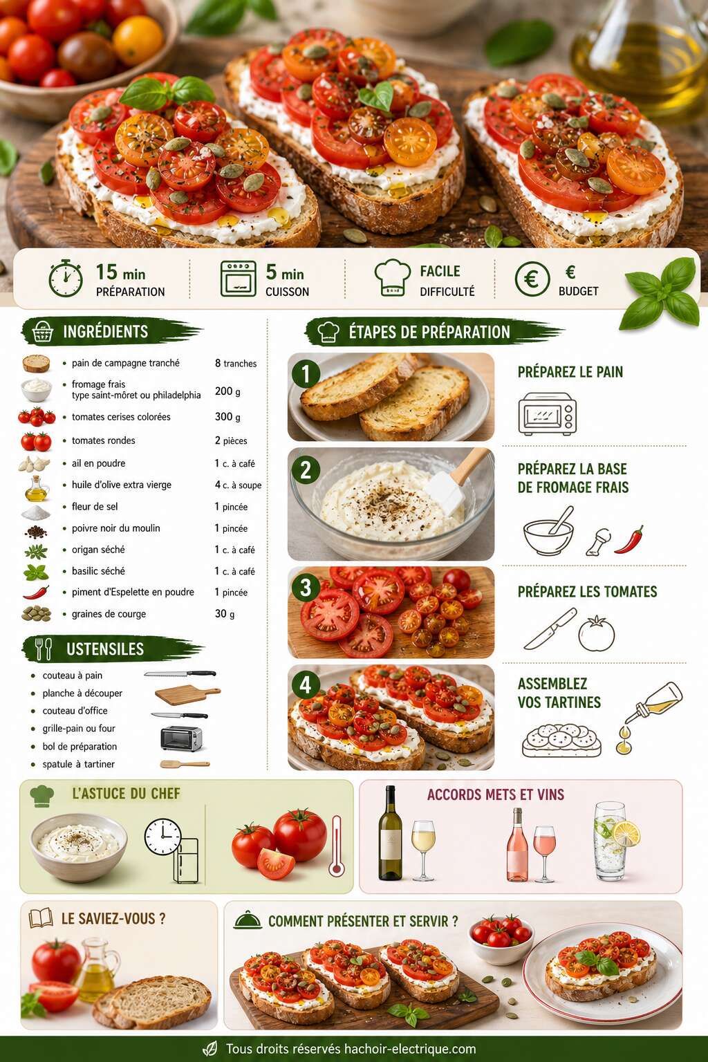 Fiche recette Tartines aux tomates et fromage frais : recette savoureuse