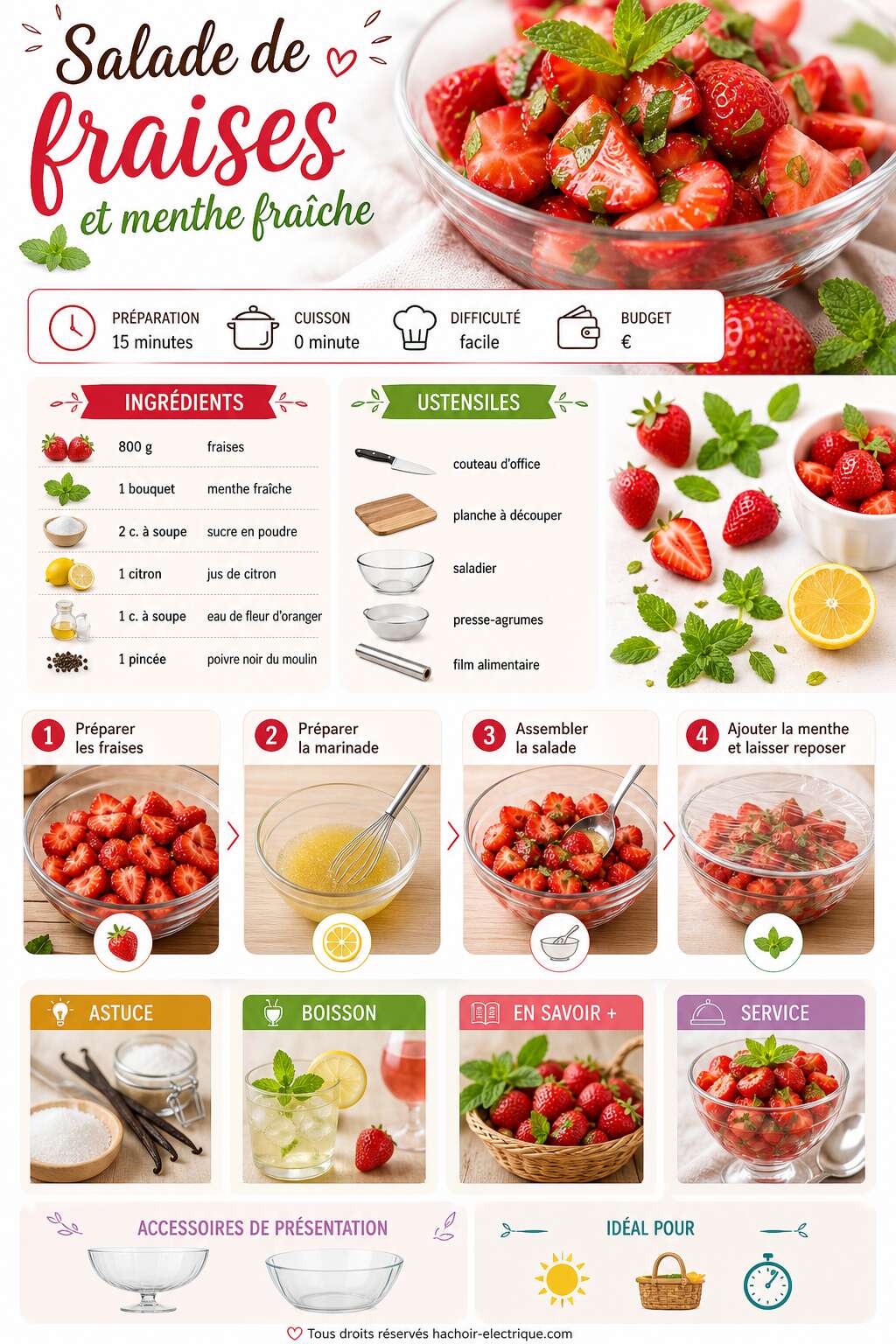 Fiche recette Recette : salade de fraises et menthe fraîche Fiche recette Recette : salade de fraises et menthe fraîche