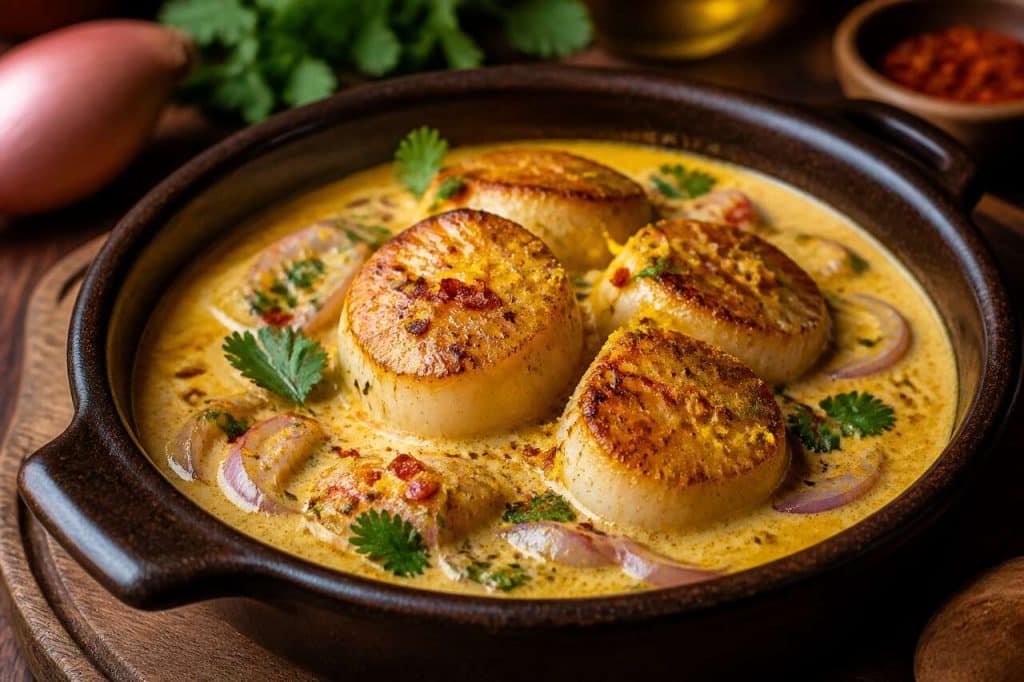 Cassolette de noix de saint-jacques au curry et coco
