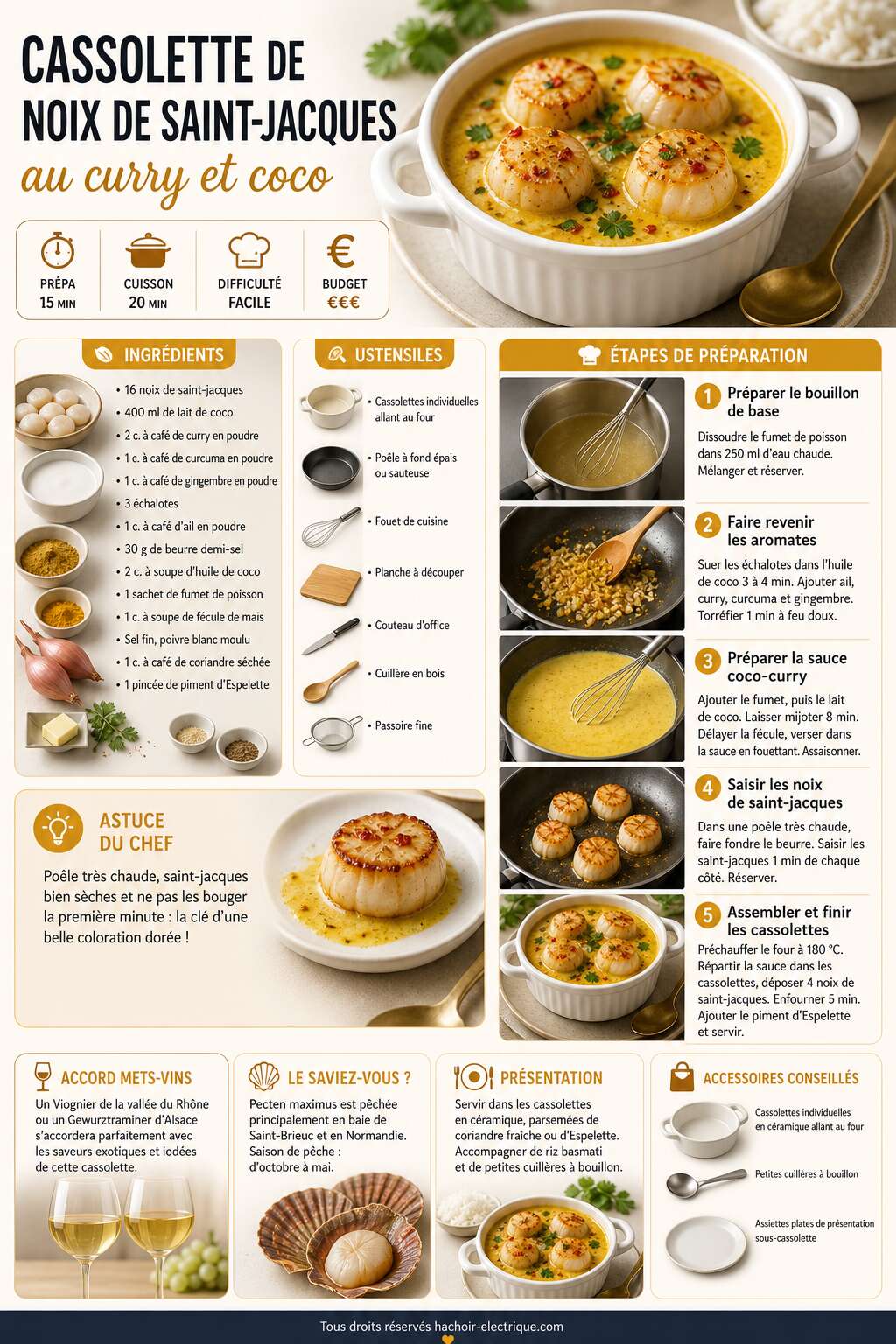 Fiche recette Cassolette de noix de saint-jacques au curry et coco Fiche recette Cassolette de noix de saint-jacques au curry et coco
