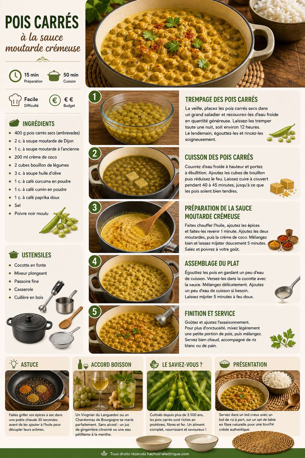 Fiche recette Pois carrés à la sauce moutarde crémeuse Fiche recette Pois carrés à la sauce moutarde crémeuse