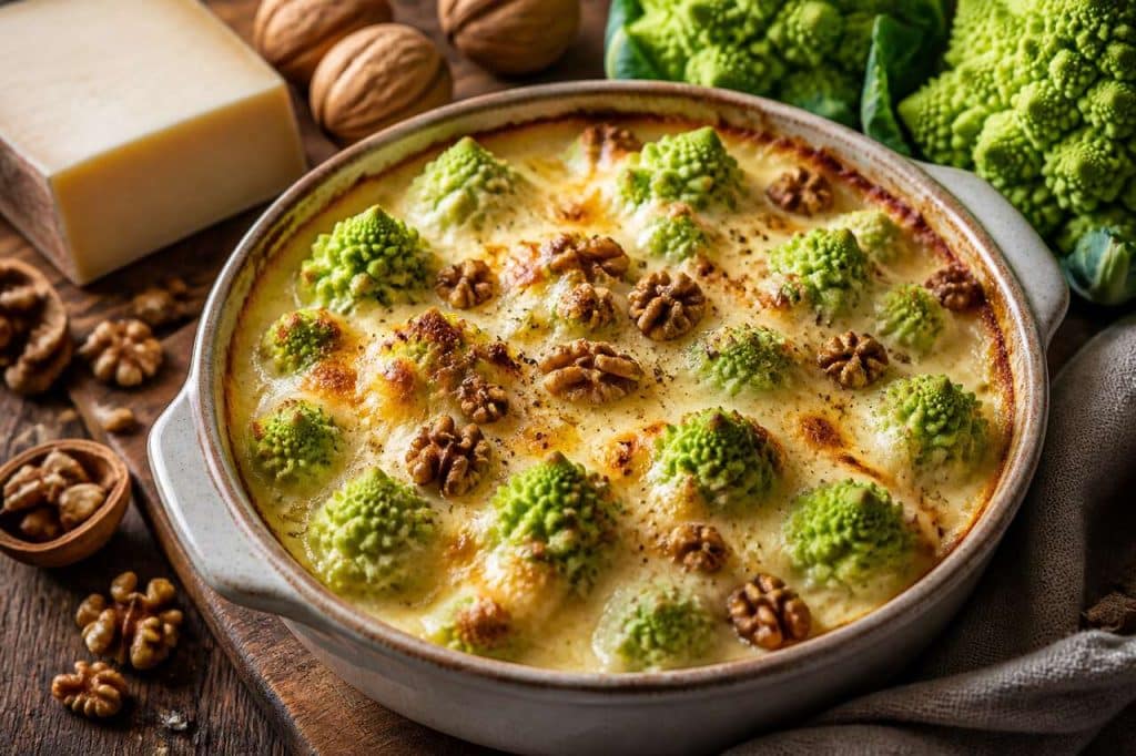 Gratin de chou Romanesco à la tomme et aux noix
