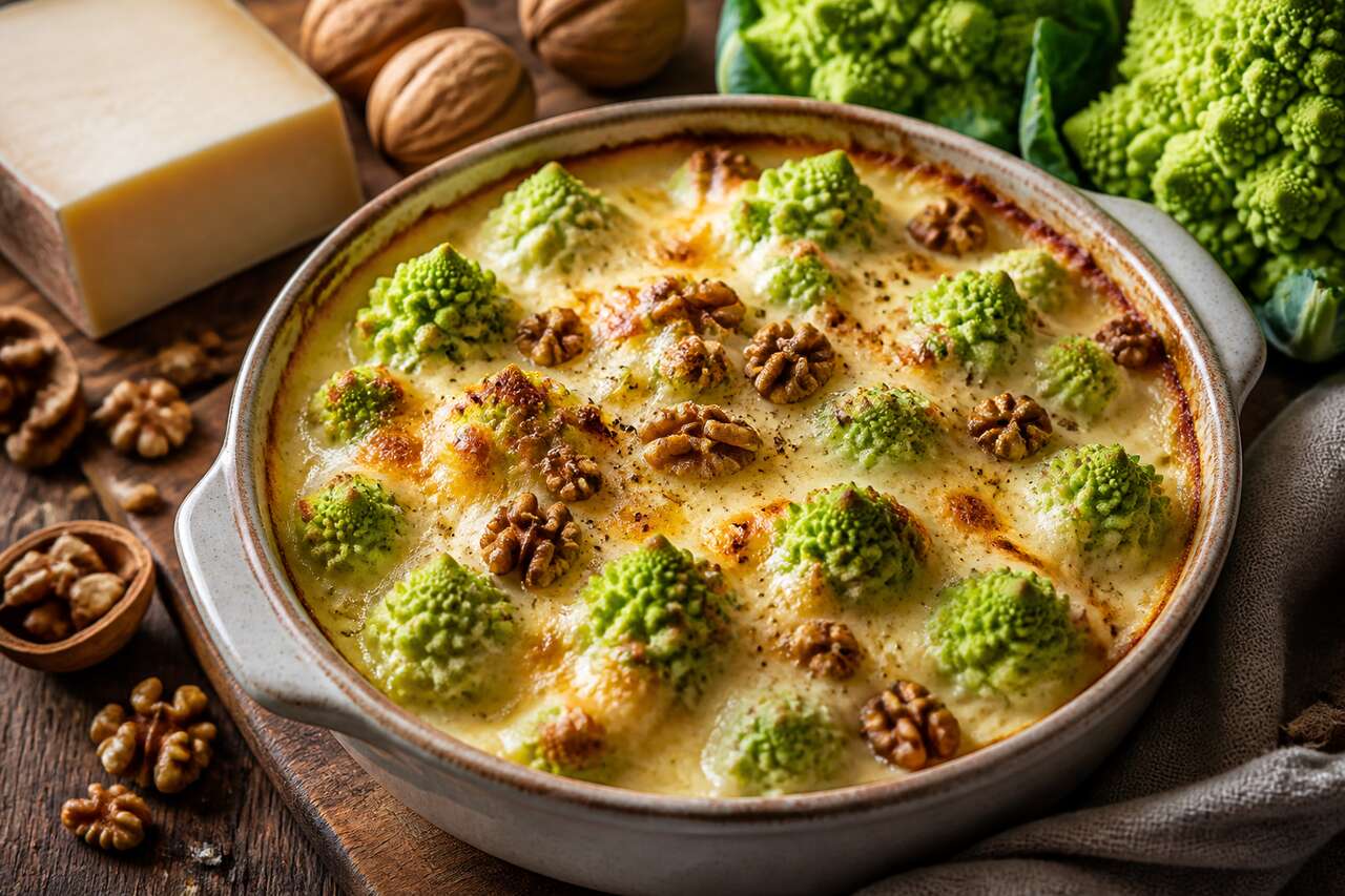 Gratin de chou Romanesco à la tomme et aux noix