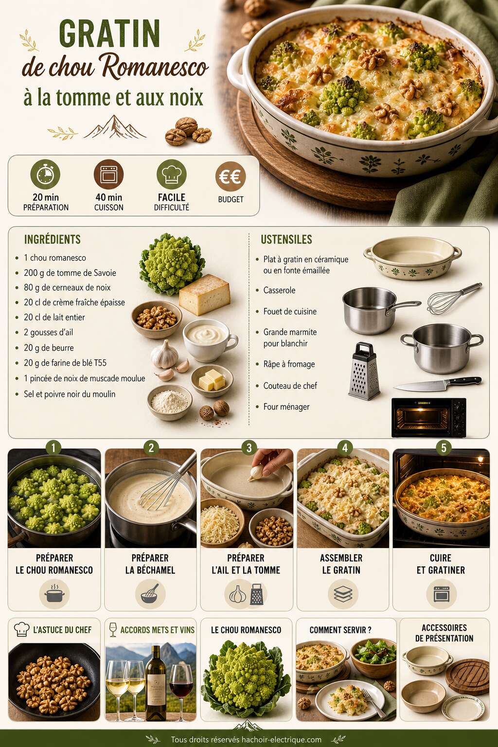 Fiche recette Gratin de chou Romanesco &agrave; la tomme et aux noix