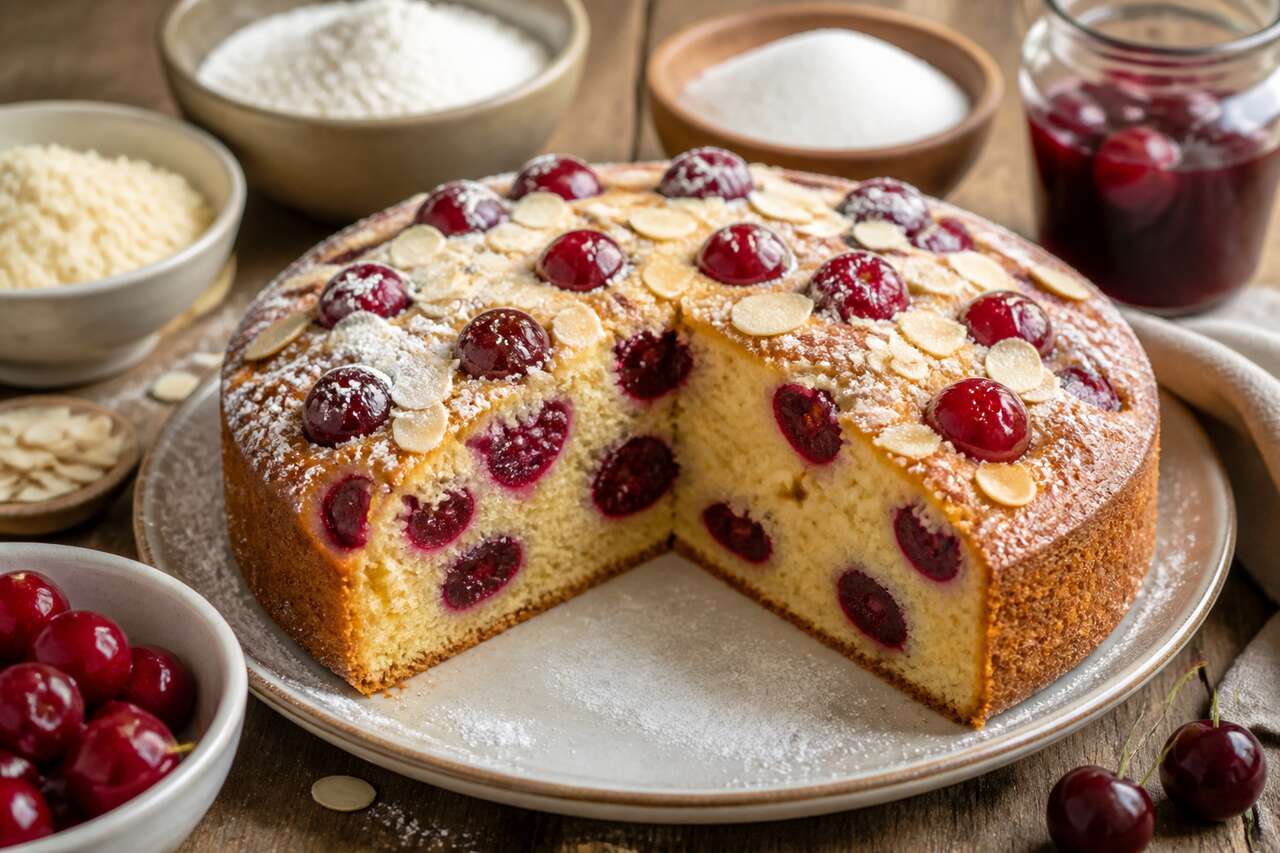 Gâteau moelleux aux cerises, amandes et yaourt