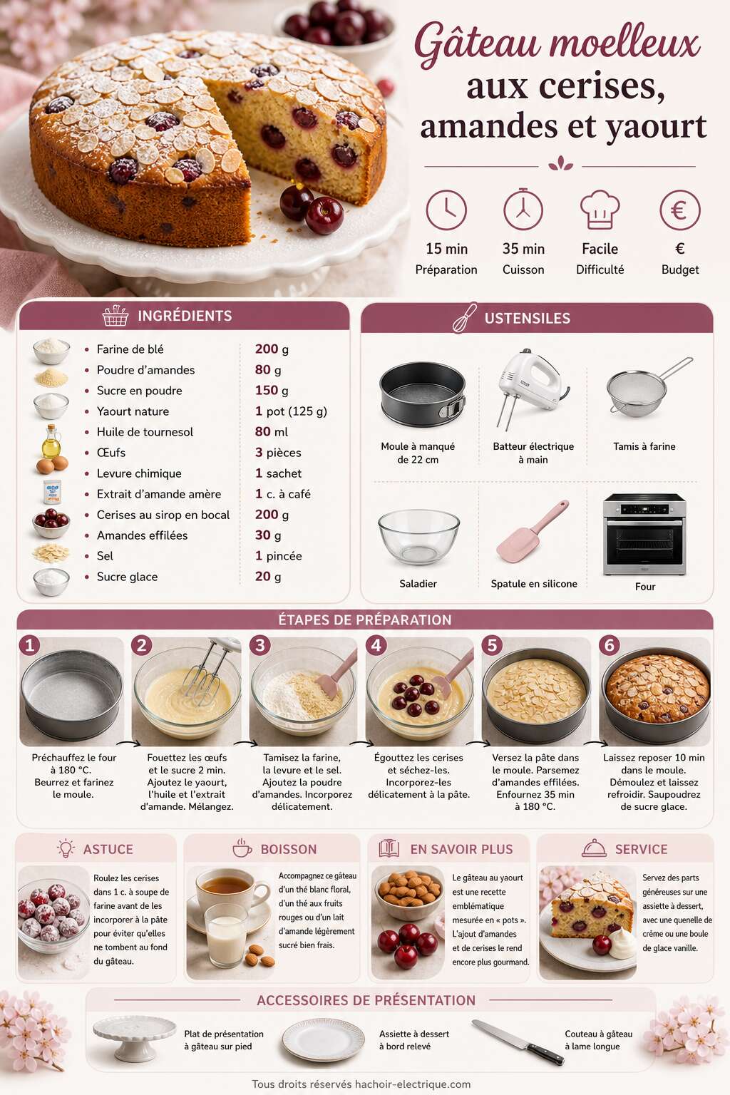 Fiche recette G&acirc;teau moelleux aux cerises, amandes et yaourt