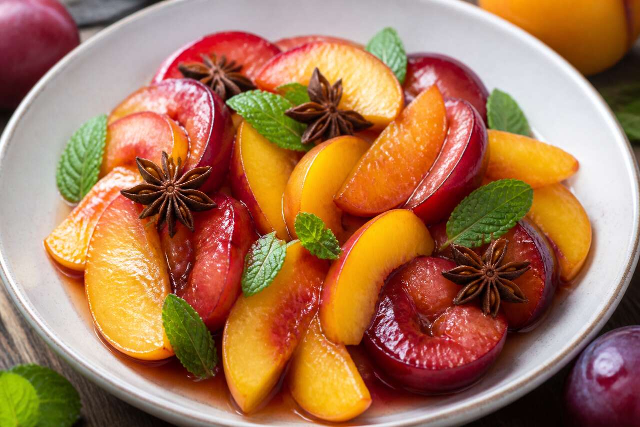 Salade de pêches et prunes au sirop de badiane : recette gourmande