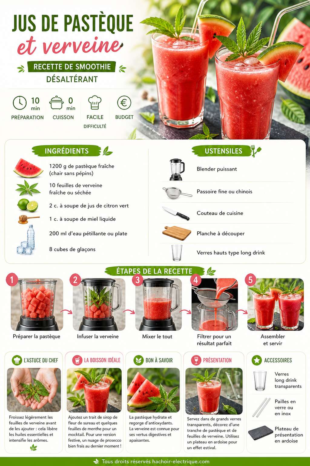 Fiche recette Jus de pastèque et verveine : recette de smoothie désaltérant Fiche recette Jus de pastèque et verveine : recette de smoothie désaltérant