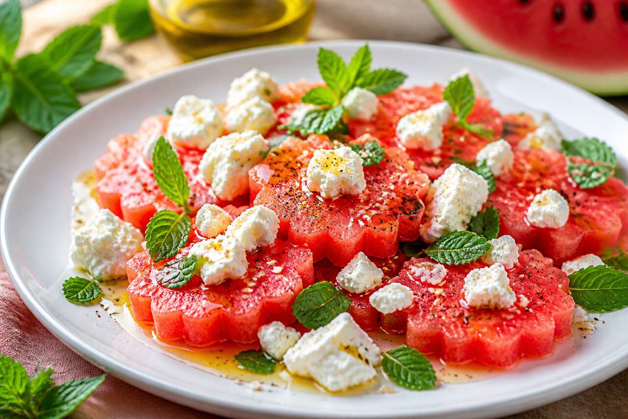 Salade pastèque : chèvre et menthe fraîche